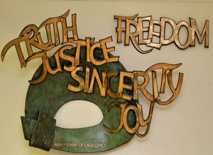 Sculpture in our front hall of the core values of a Loreto Education; Truth, Sincerity, Freedom, Justice and Joy