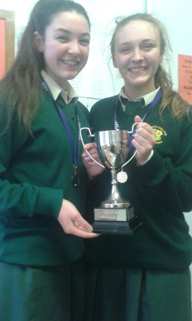Niamh White and Claire Quinn-Nealon holding the Dublin County Basketball Trophy