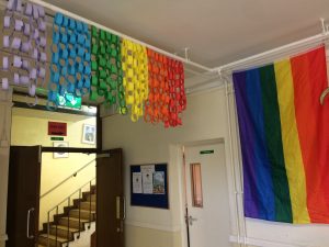 Rainbow flags in reception.