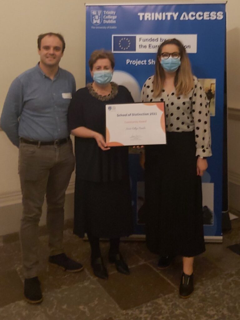 Gareth Lenehan, Principal, Mary Ellen Murphy and TAP coordinator Nicole Walsh collecting Loreto Crumlin's Trinity Access award.